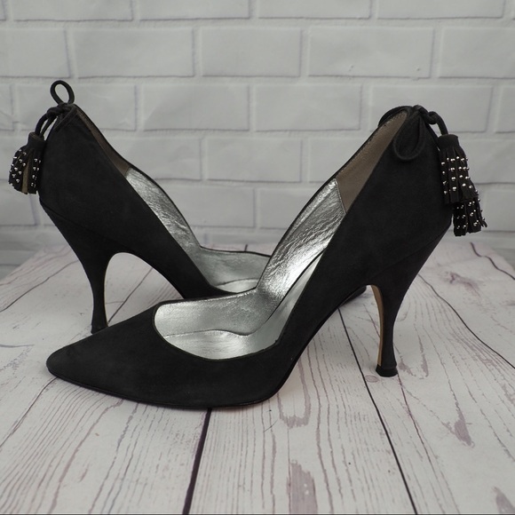 Dani Black sz 7 gray suede pointy heels tassels - Picture 1 of 12